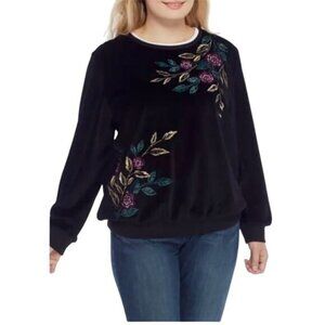 Alfred Dunner Black Velvet Embroidered Floral Sweatshirt Pullover Womens Size L